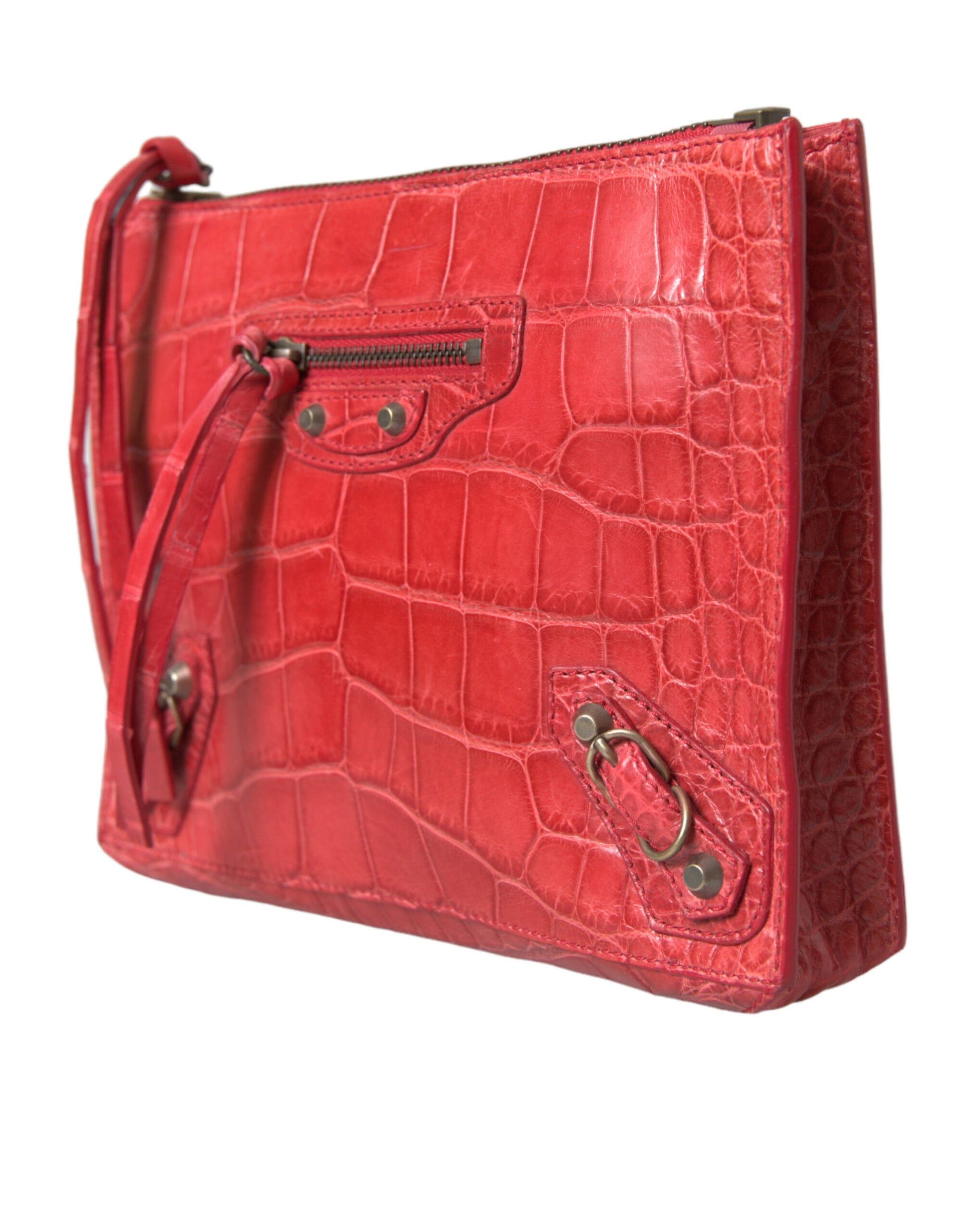 Compact Clutch Handbag by Balenciaga for women in alligator skin leather red features a architectural silhouette, showcasing a secure zipper, ample , and versatile for a architectural finish.