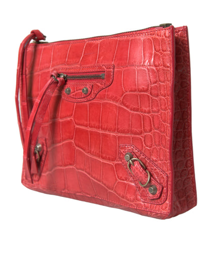 Compact Clutch Handbag by Balenciaga for women in alligator skin leather red features a architectural silhouette, showcasing a secure zipper, ample , and versatile for a architectural finish.
