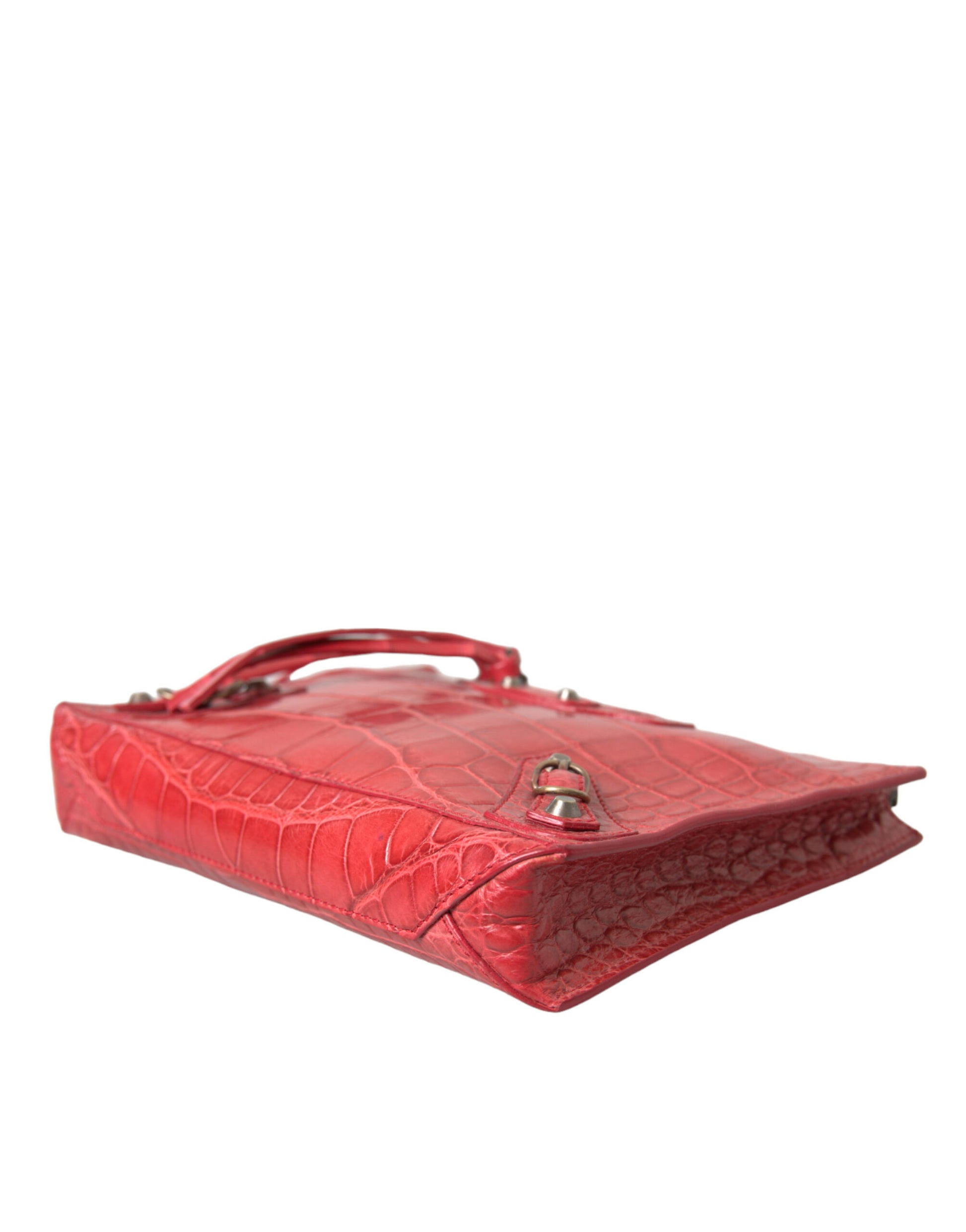 Compact Clutch Handbag by Balenciaga for women in alligator skin leather red showcases a sculptural silhouette, featuring a secure zipper, ample , and versatile for a sculptural aesthetic.