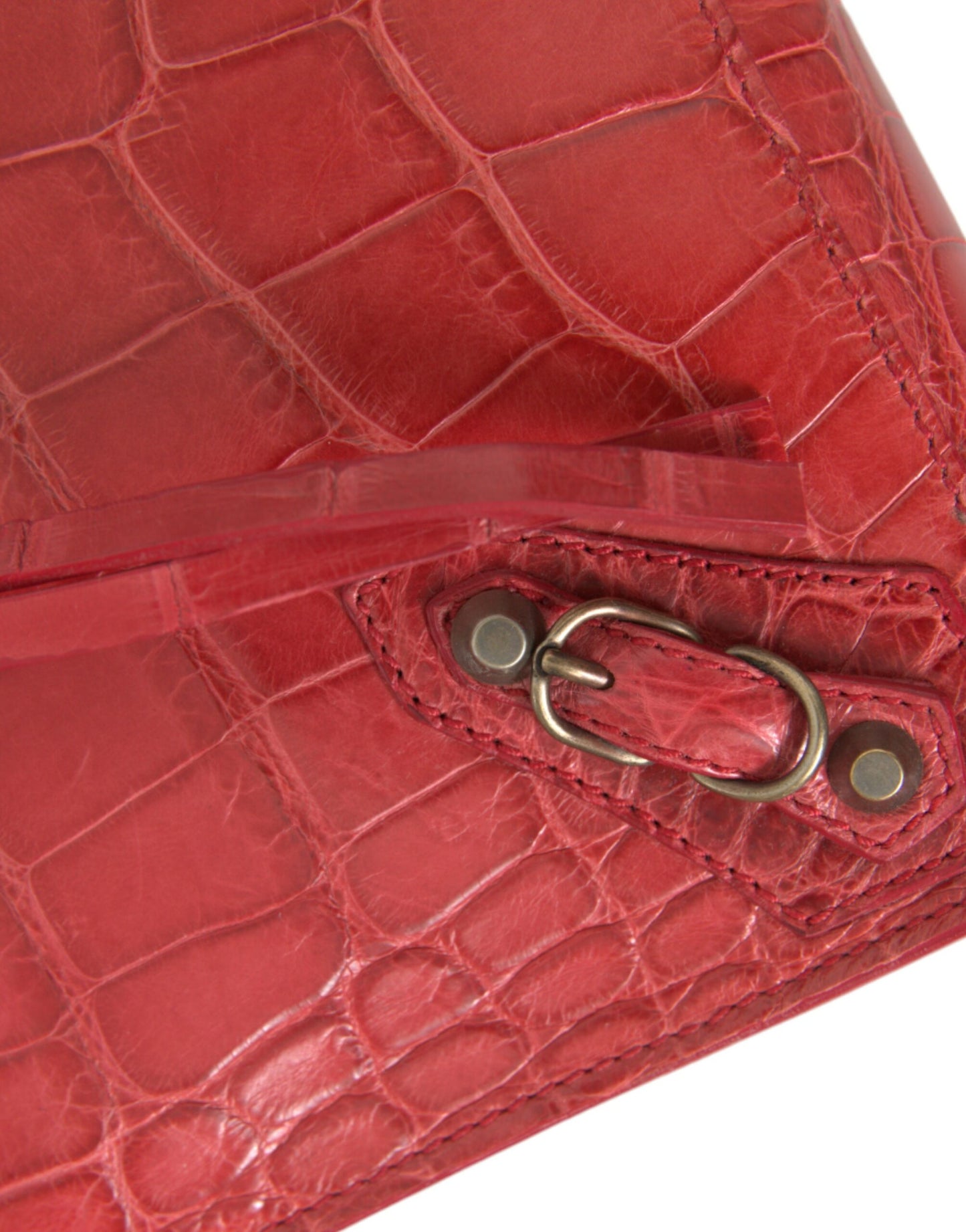 Compact Clutch Handbag by Balenciaga for women in alligator skin leather red features an sculptural silhouette, showcasing a secure zipper and sculptural with versatile for a sophisticated look.
