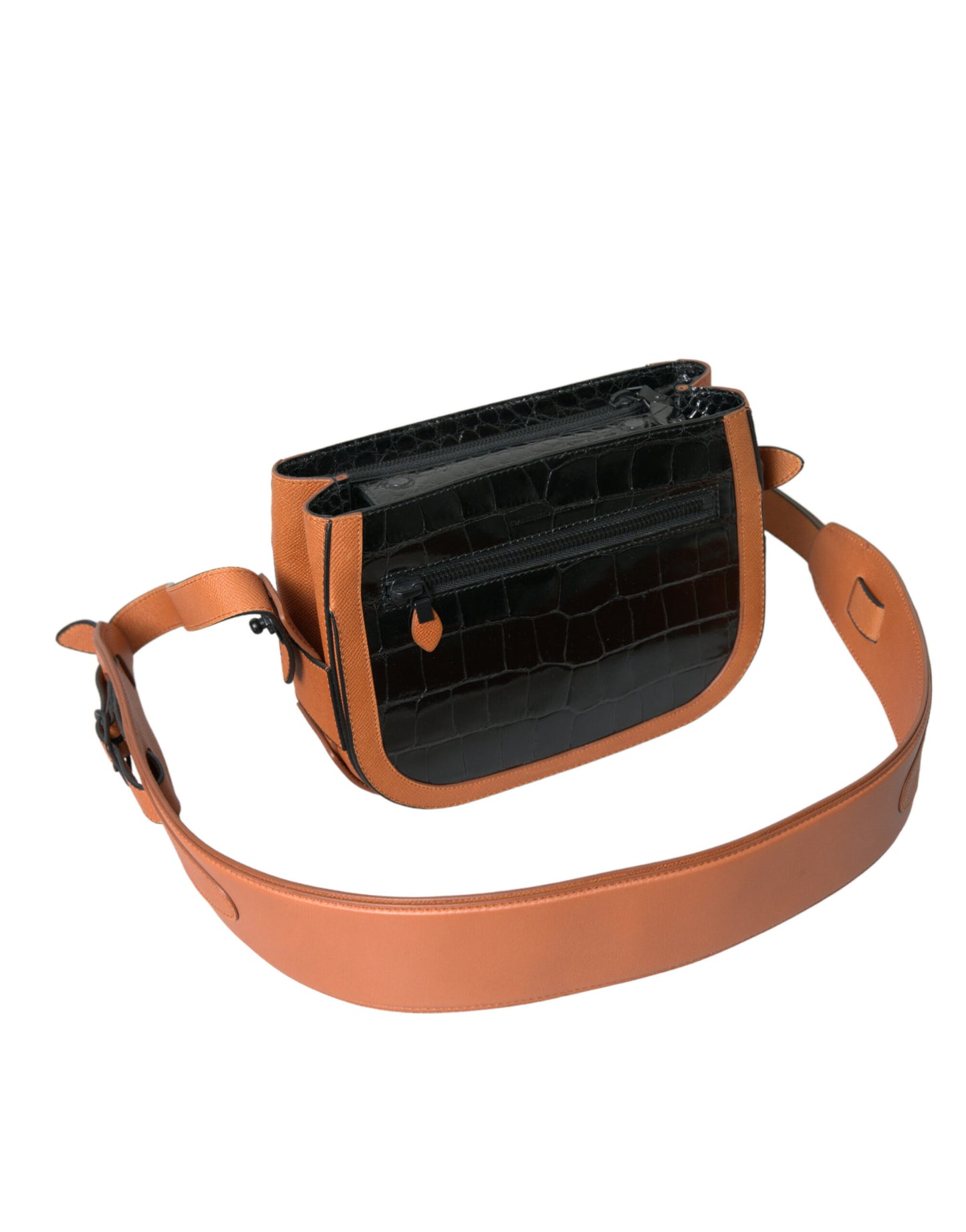 Compact Shoulder Camera Bag by Balenciaga for women in crocodile skin leather black & brown features a stately silhouette, showcasing a secure snap & button, ample , and stately shoulder-strap & adjustable-strap for a stately finish.
