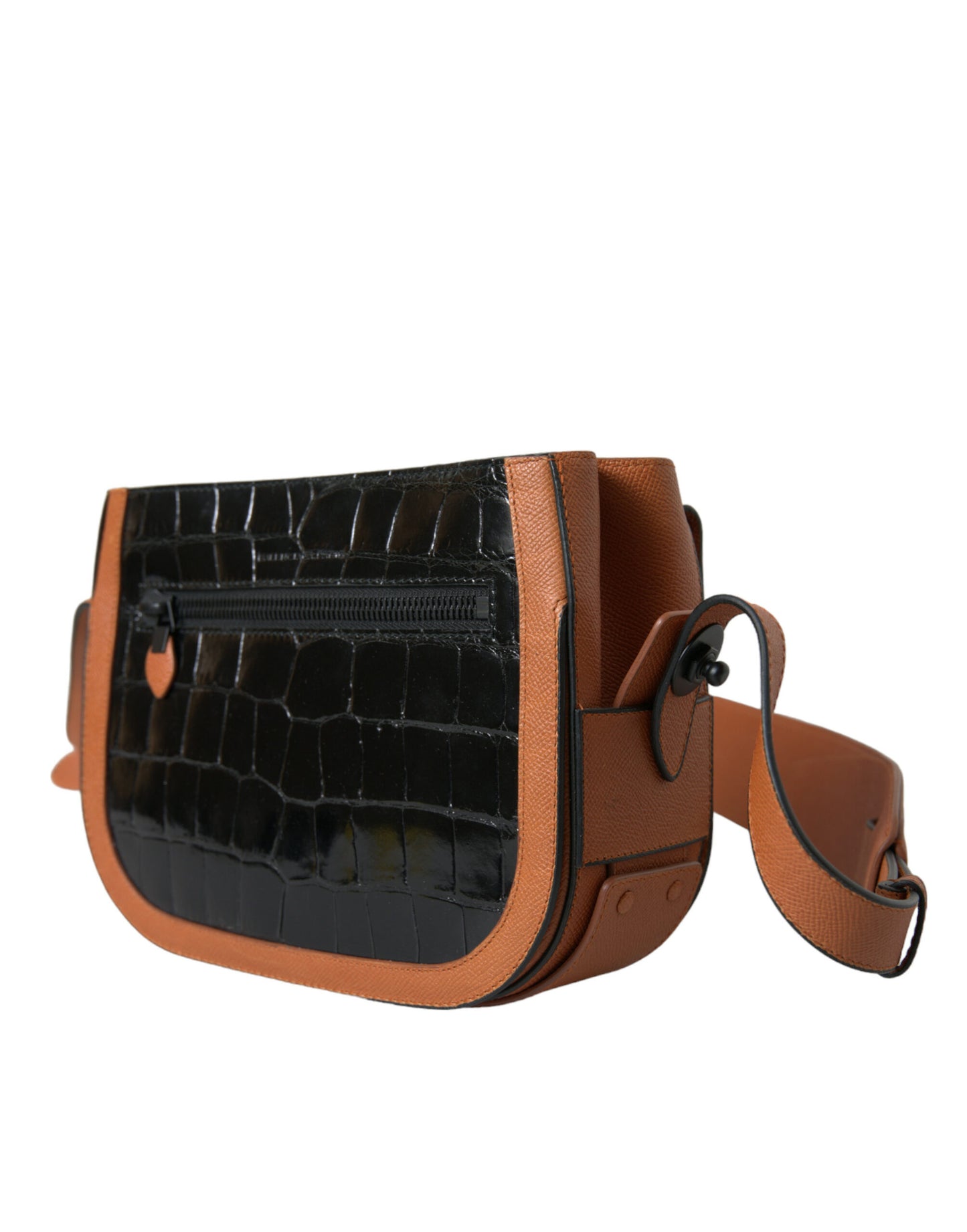 Compact Shoulder Camera Bag by Balenciaga for women in crocodile skin leather black & brown showcases a statuesque silhouette, artfully detailed with a secure snap & button, organized , and versatile shoulder-strap & adjustable-strap for a statuesque look.