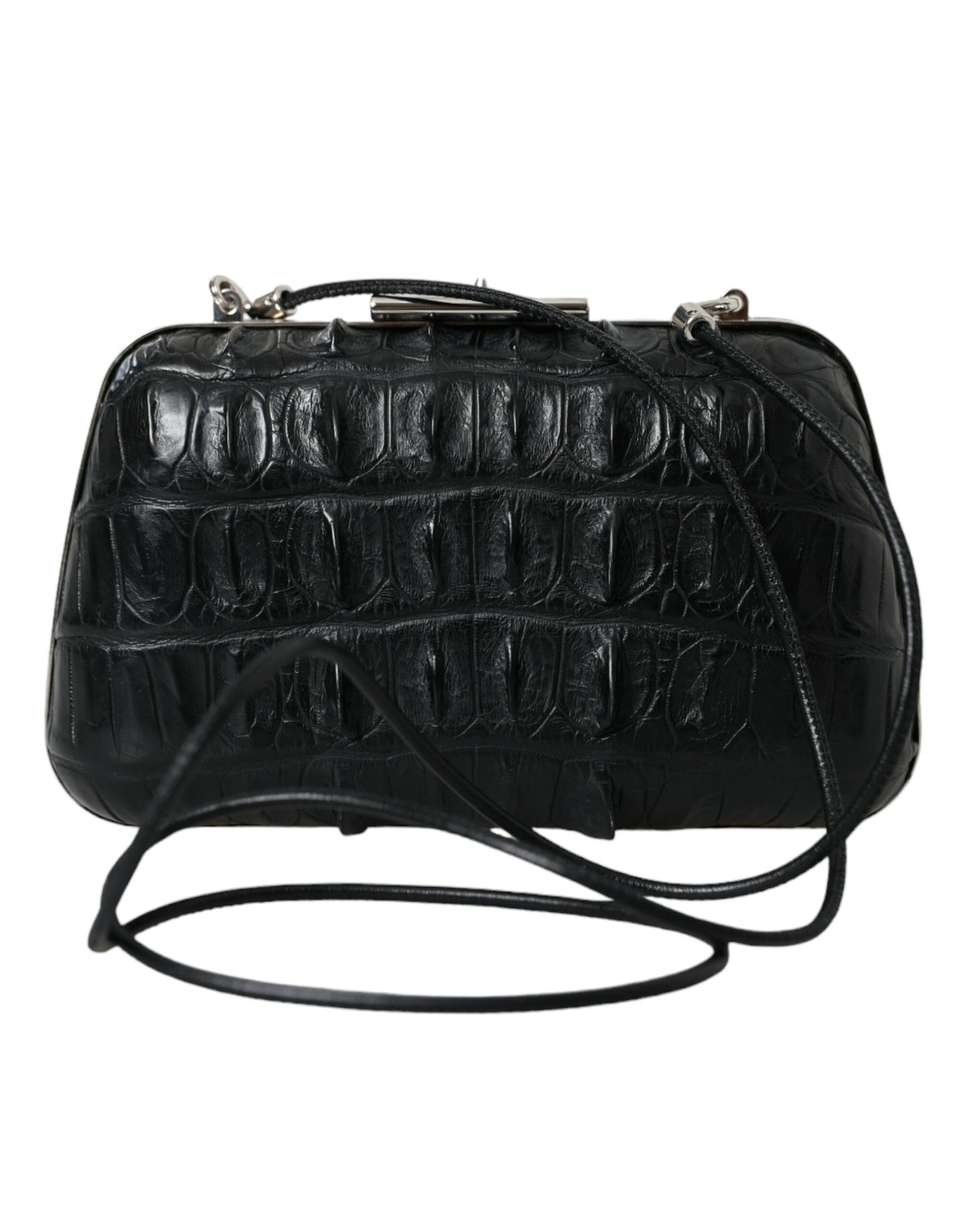 Compact 2-in-1 Shoulder & Crossbody Evening Clutch Convertible Handbag by Balenciaga for women in exotic skin leather black & silver features a exquisite silhouette with a secure clasp, ample , and versatile crossbody-strap, shoulder-strap & detachable-strap for a exquisite look.