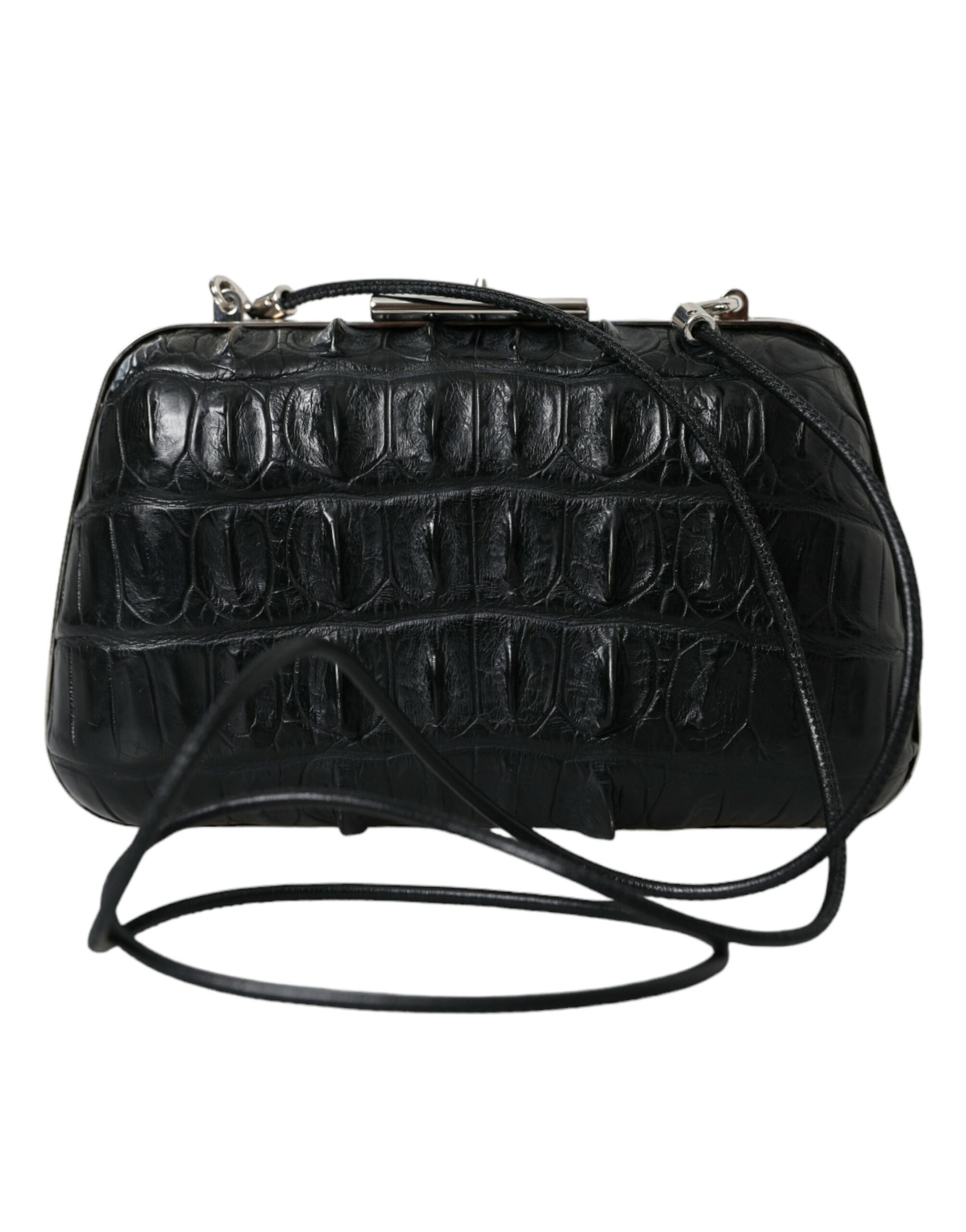 Compact 2-in-1 Shoulder & Crossbody Evening Clutch Convertible Handbag by Balenciaga for women in exotic skin leather black & silver features a exquisite silhouette with a secure clasp, ample , and versatile crossbody-strap, shoulder-strap & detachable-strap for a exquisite look.