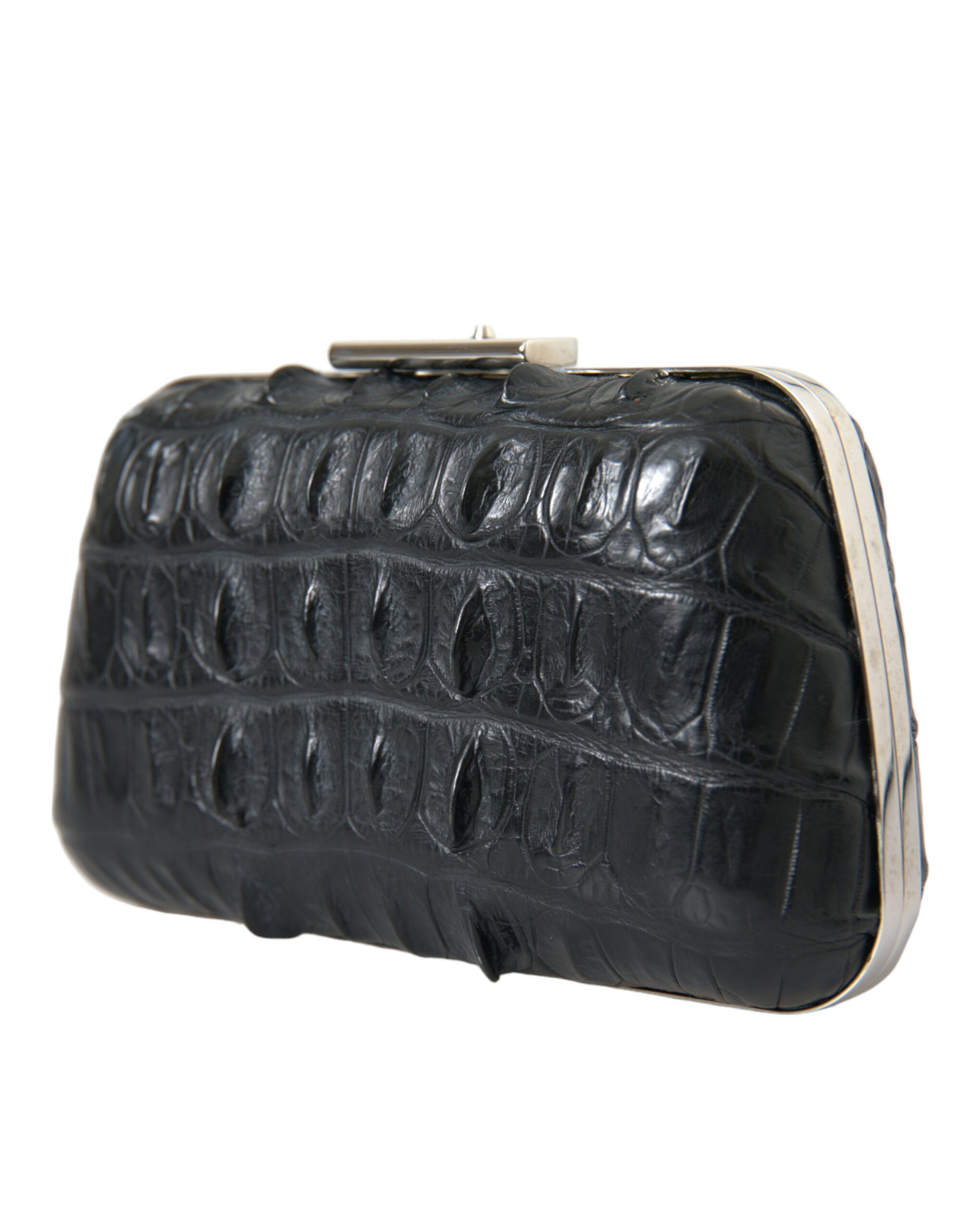 Compact 2-in-1 Shoulder & Crossbody Evening Clutch Convertible Handbag by Balenciaga for women in exotic skin leather black & silver presents a enviable design with a secure clasp, ample , and versatile crossbody-strap, shoulder-strap & detachable-strap for a sophisticated look.