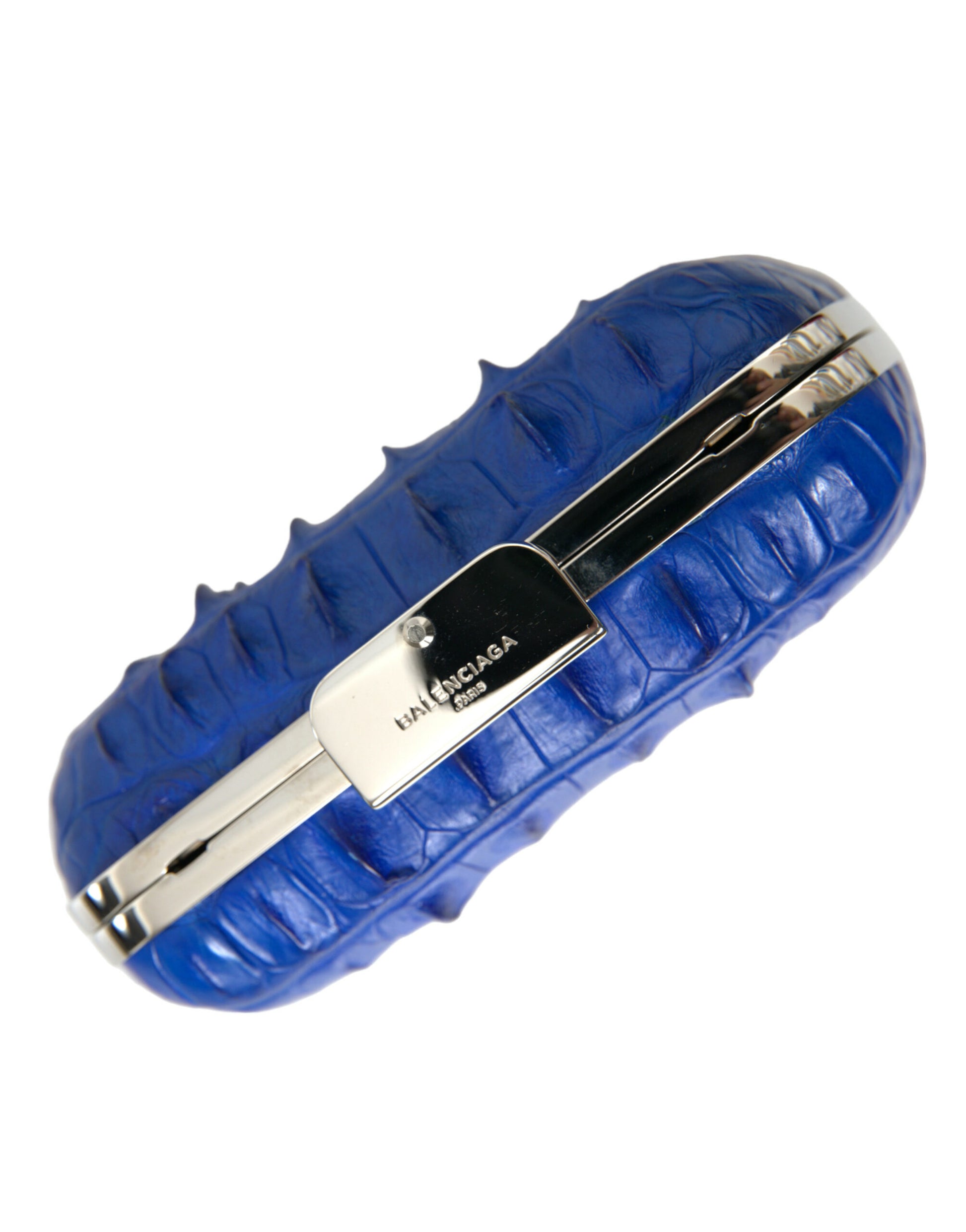Compact Crossbody Evening Clutch Convertible Handbag by Balenciaga for women in exotic skin leather electric-blue & silver presents a exquisite silhouette, showcasing a secure and organized with versatile crossbody-strap.
