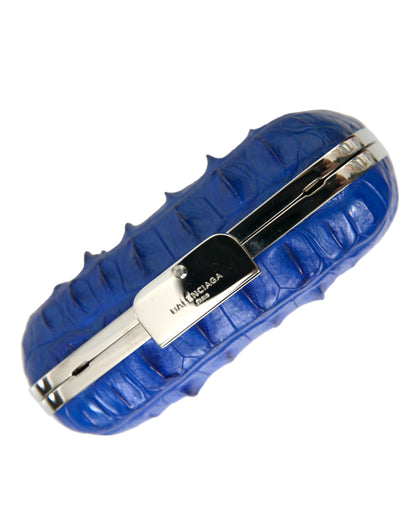 Compact Crossbody Evening Clutch Convertible Handbag by Balenciaga for women in exotic skin leather electric-blue & silver presents a exquisite silhouette, showcasing a secure and organized with versatile crossbody-strap.