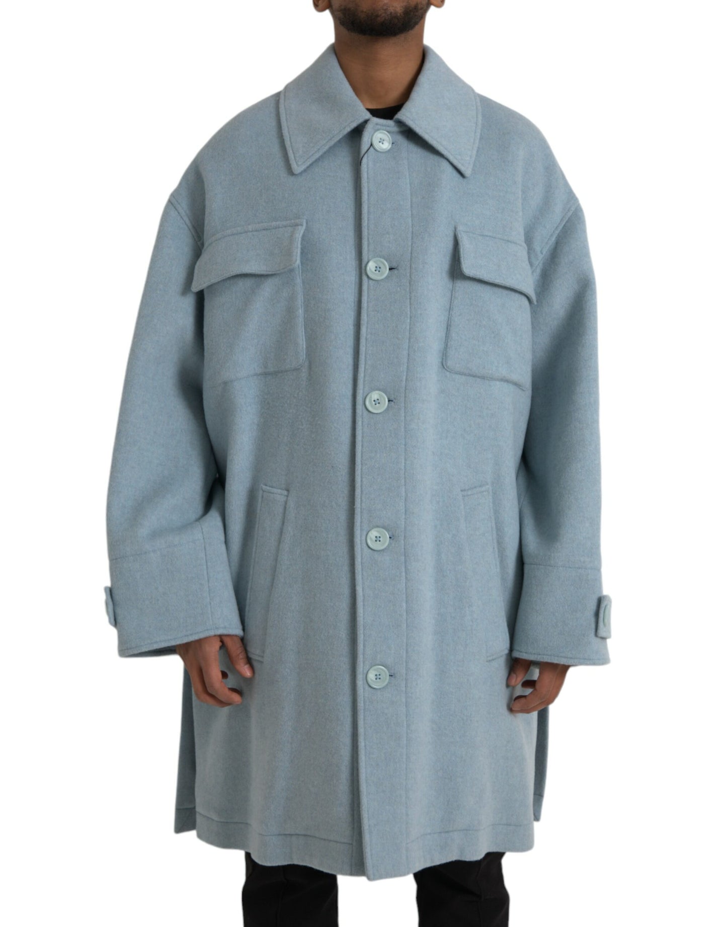 Dolce & Gabbana Men's Light Blue Wool Button Trench Coat Jacket