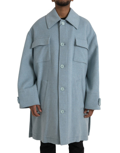 Dolce & Gabbana Men's Light Blue Wool Button Trench Coat Jacket