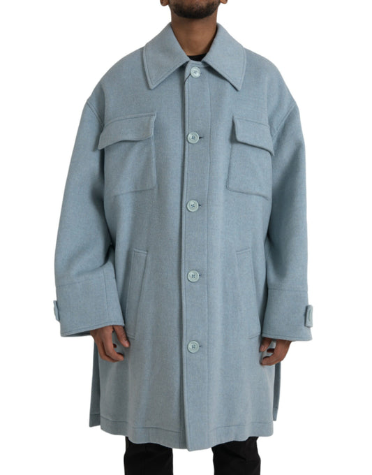 Dolce & Gabbana Men's Light Blue Wool Button Trench Coat Jacket