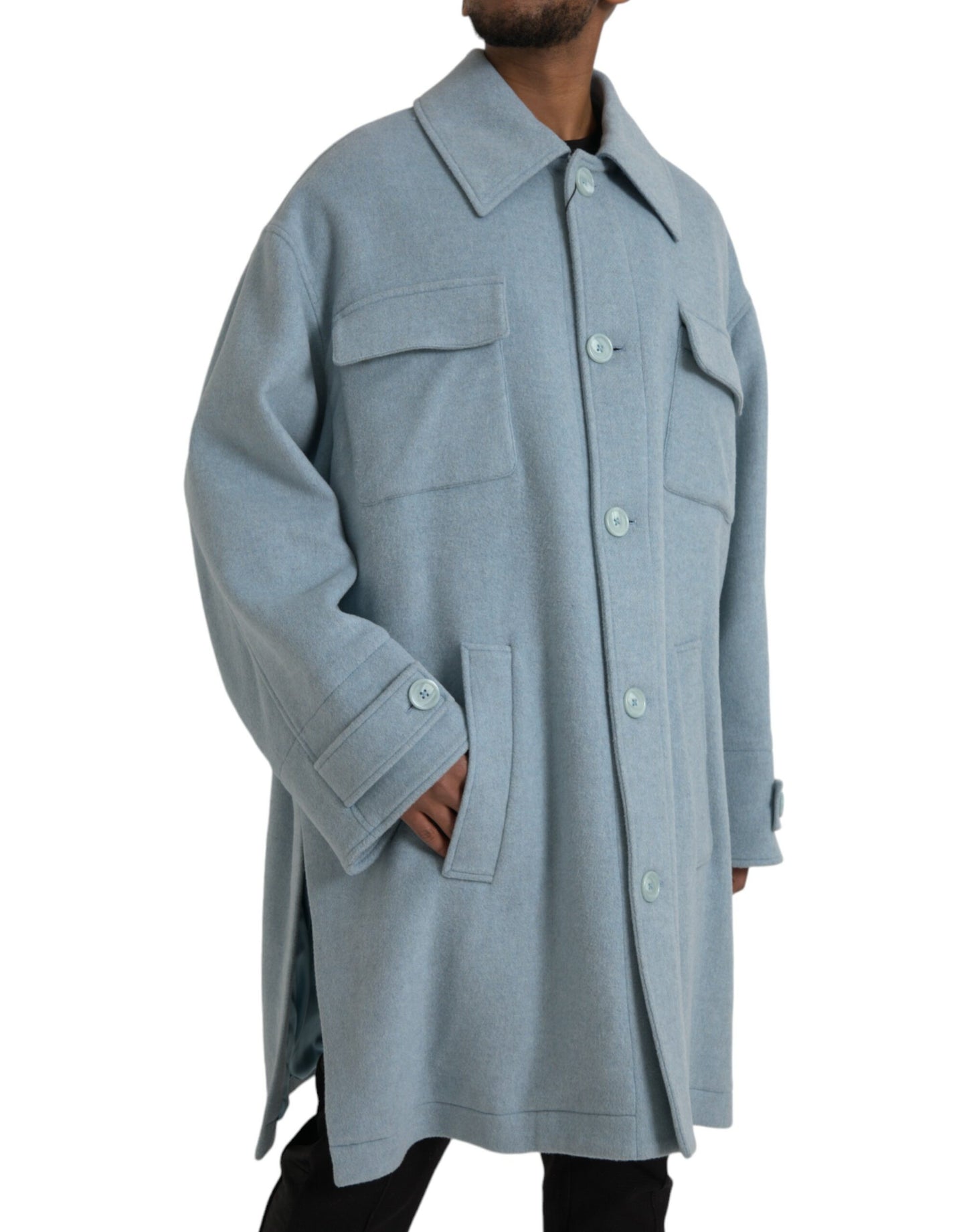 Dolce & Gabbana Men's Light Blue Wool Button Trench Coat Jacket