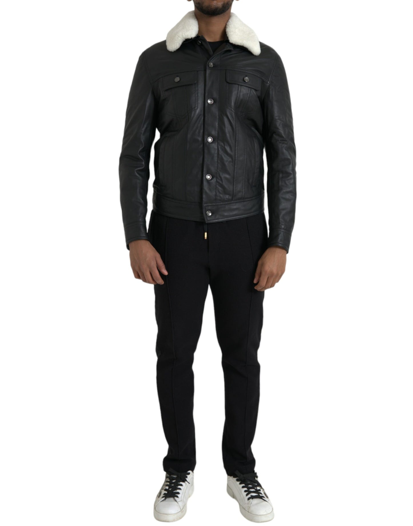 Dolce & Gabbana Men's Black Leather Fur Collar Biker Coat Jacket