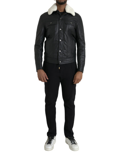 Dolce & Gabbana Men's Black Leather Fur Collar Biker Coat Jacket