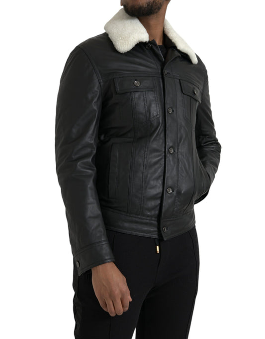 Dolce & Gabbana Men's Black Leather Fur Collar Biker Coat Jacket