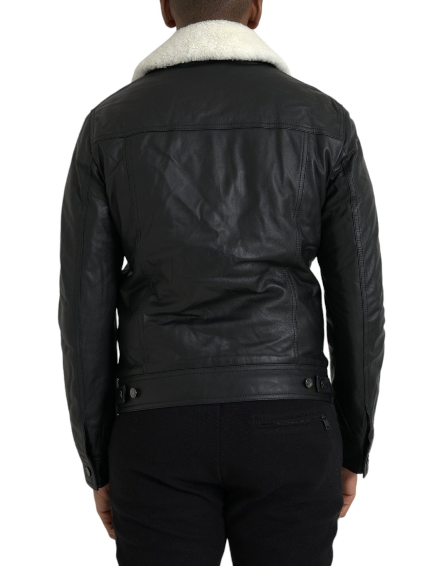 Dolce & Gabbana Men's Black Leather Fur Collar Biker Coat Jacket
