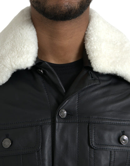 Dolce & Gabbana Men's Black Leather Fur Collar Biker Coat Jacket