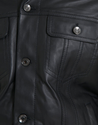 Dolce & Gabbana Men's Black Leather Fur Collar Biker Coat Jacket