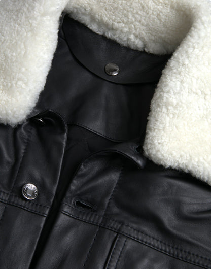 Dolce & Gabbana Men's Black Leather Fur Collar Biker Coat Jacket