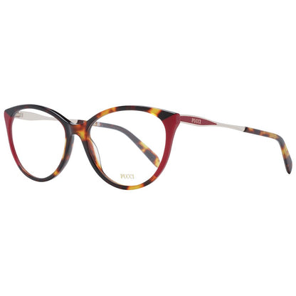 Eyeglasses Frames by Emilio Pucci for women in plastic red showcases a reflective silhouette, artfully incorporating a sophisticated red coloured frame with a distinct full-frame frame design.