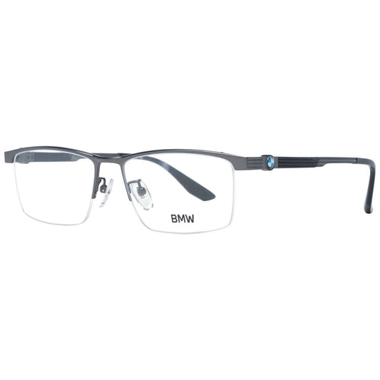 Eyeglasses Frames by BMW for men in titanium gray showcases a reflective silhouette, artfully incorporating a sophisticated gunmetal coloured frame with a distinct half-frame frame design.