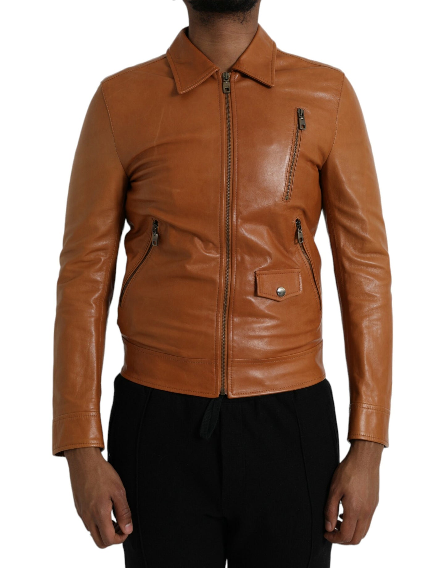 Dolce & Gabbana Men's Brown Lamb Leather Full Zip Blouson Jacket