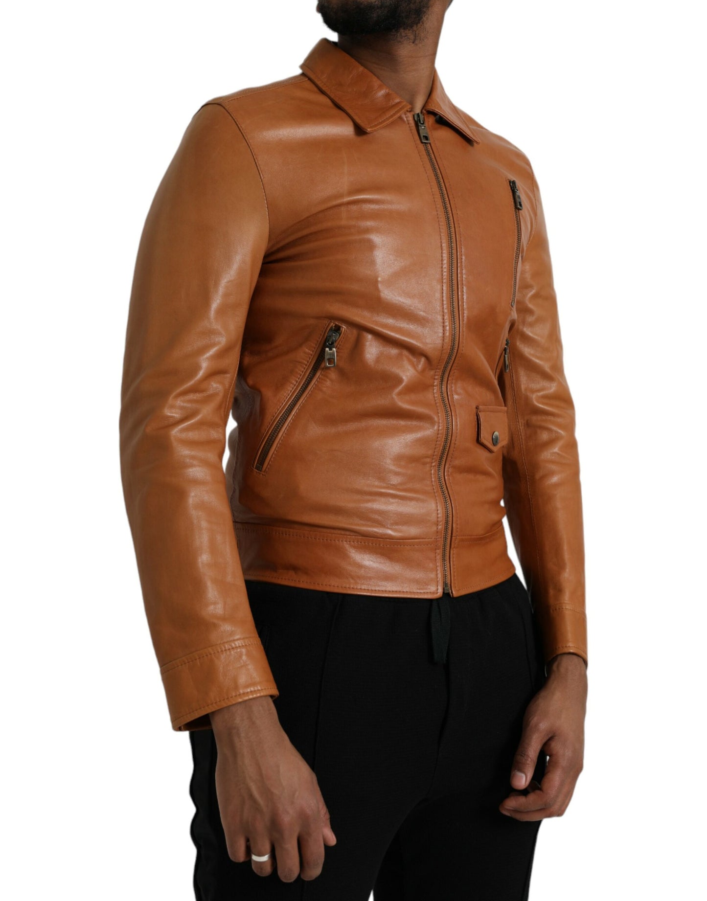 Dolce & Gabbana Men's Brown Lamb Leather Full Zip Blouson Jacket
