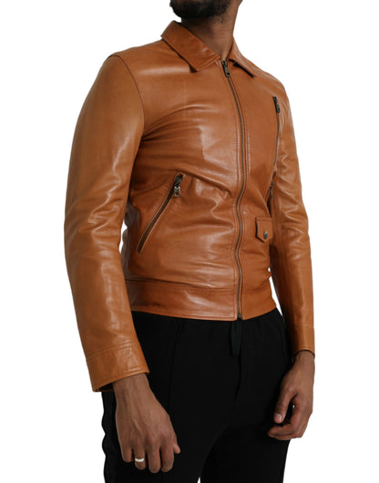 Dolce & Gabbana Men's Brown Lamb Leather Full Zip Blouson Jacket