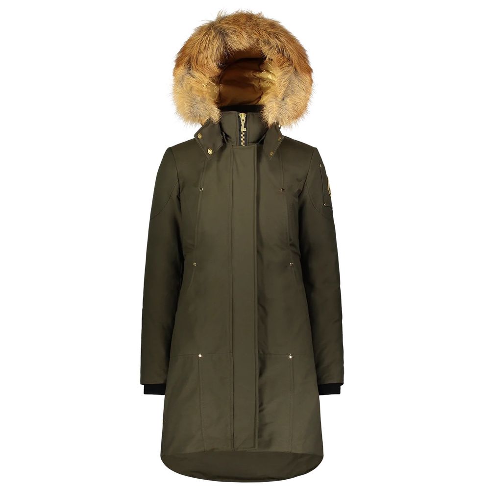 This Hooded Parka by Moose Knuckles for women in cotton nylon & fox fur military-green, blue & gold presents a utilitarian silhouette, meticulously detailed with hooded and a utilitarian hooded neckline for a sophisticated, weather-ready look.