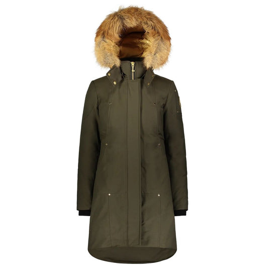This Hooded Parka by Moose Knuckles for women in cotton nylon & fox fur military-green, blue & gold presents a utilitarian silhouette, meticulously detailed with hooded and a utilitarian hooded neckline for a sophisticated, weather-ready look.
