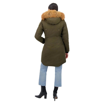 This Hooded Parka by Moose Knuckles for women in cotton nylon & fox fur military-green, blue & gold presents a utilitarian silhouette, meticulously detailed with hooded and a utilitarian hooded neckline for a sophisticated, weather-ready look.