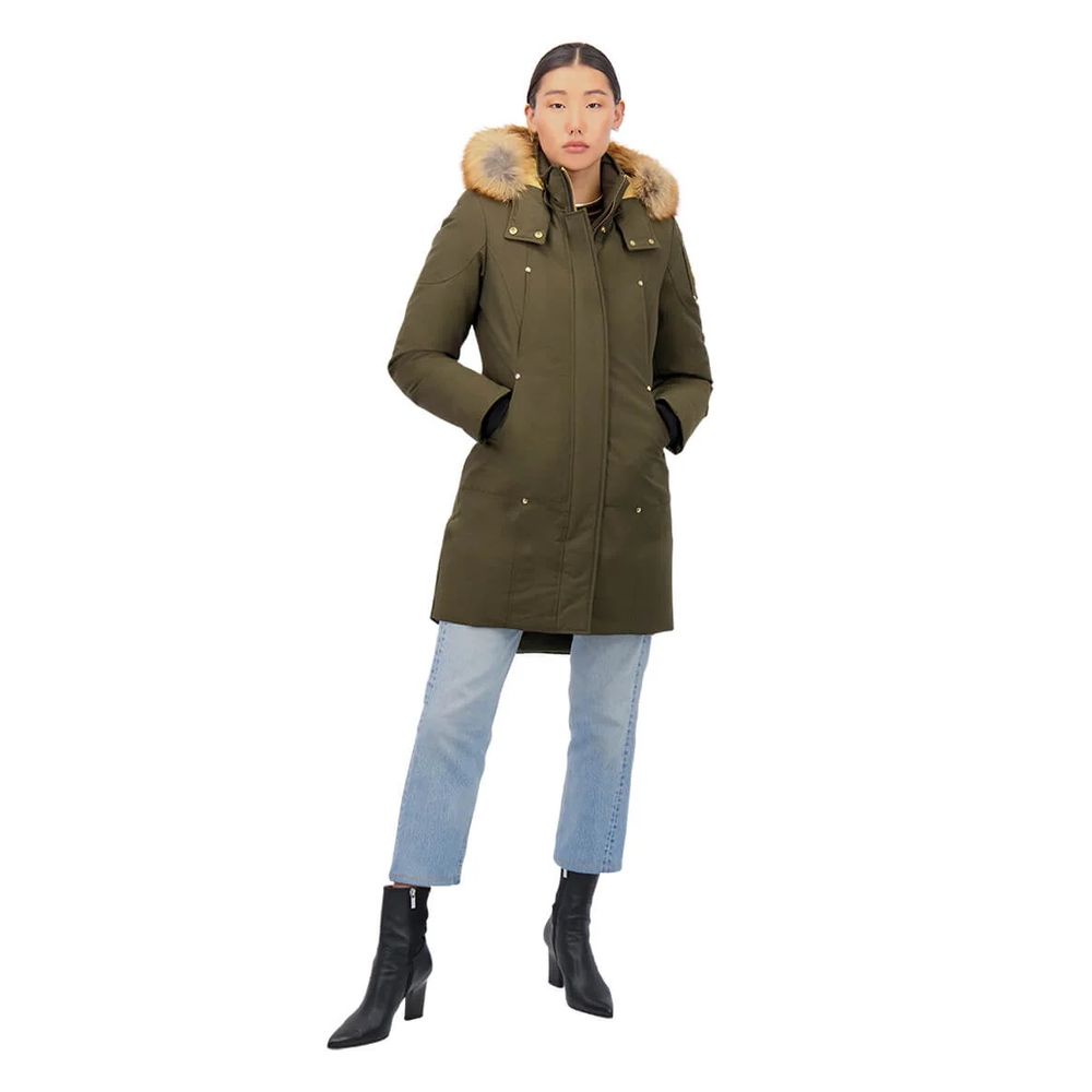 Hooded Parka by Moose Knuckles for women in cotton nylon & fox fur military-green, blue & gold features a stylish silhouette, meticulously detailed with a sophisticated hooded neckline and functional hooded for a stylish finish.