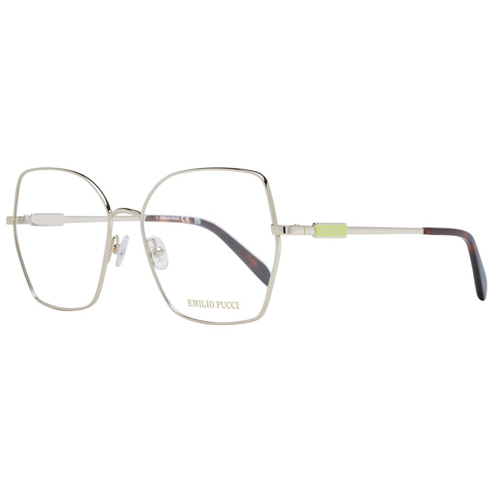 Eyeglasses Frames by Emilio Pucci for women in metal gold showcases a refined full-frame frame design with a refined gold coloured frame finish for a refined and sophisticated look.