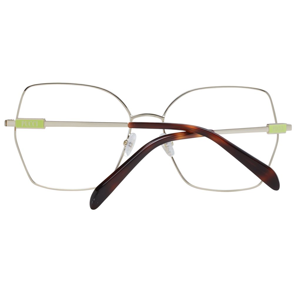 Eyeglasses Frames by Emilio Pucci for women in metal gold showcases a reflective silhouette, artfully incorporating a sophisticated gold coloured frame with a distinct full-frame frame design.