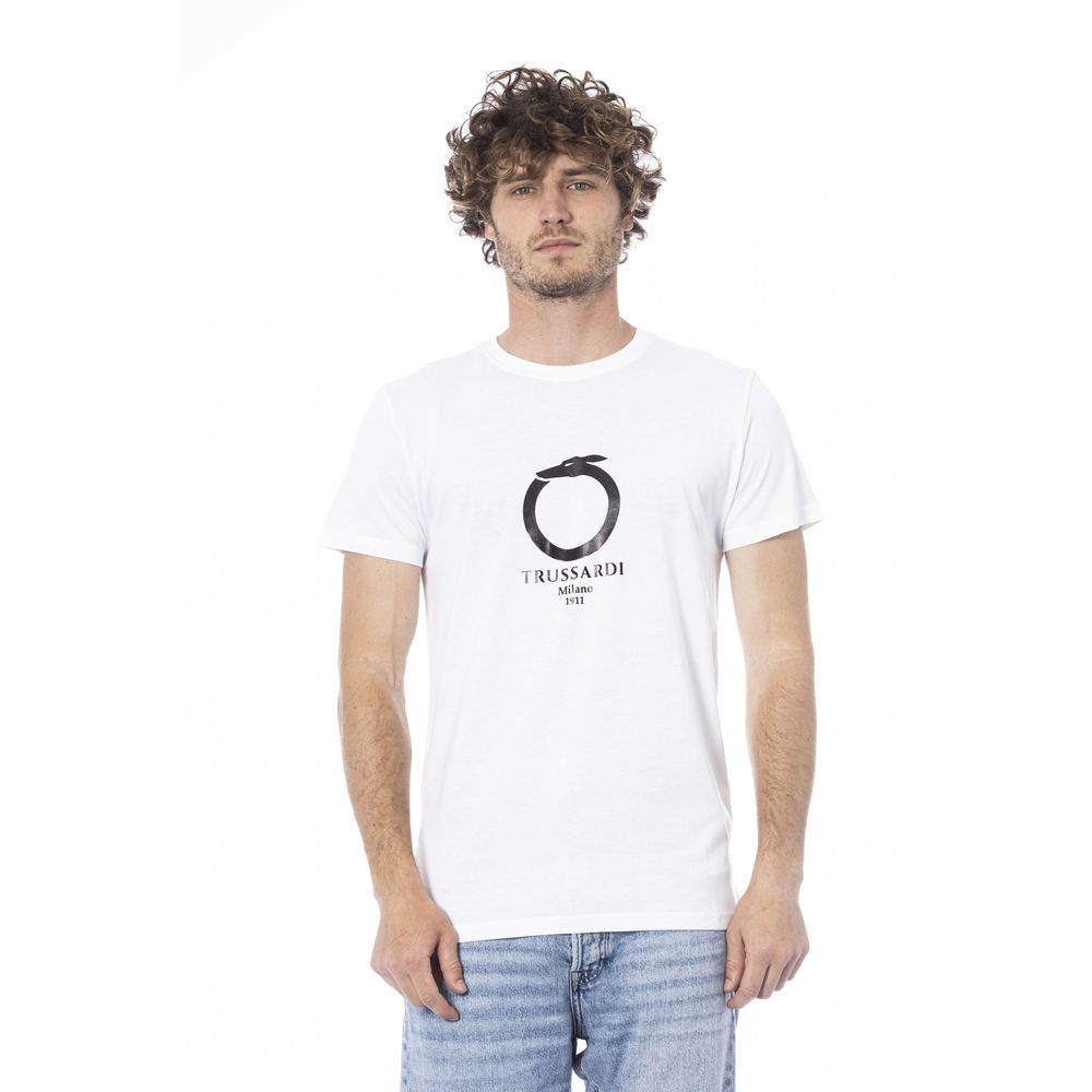T-Shirt by Trussardi Beachwear for men in cotton white & print showcases a fashionable silhouette, elegantly detailed with a fashionable short-sleeve and crew neckline for a sophisticated, high-fashion look.