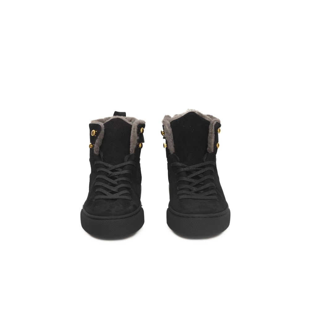Sneakers by Cerruti 1881 for women in cowhide black presents a sumptuous silhouette, artfully capturing the essence of the Women's High Top Cowhide Sneakers with its sumptuous high-top style design.