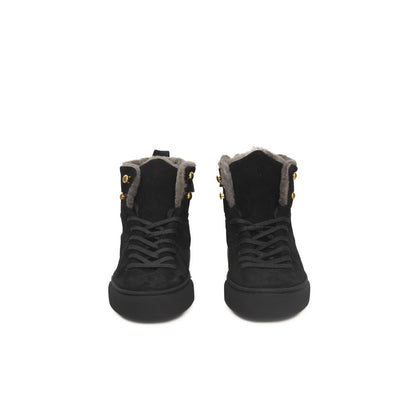 Sneakers by Cerruti 1881 for women in cowhide black presents a sumptuous silhouette, artfully capturing the essence of the Women's High Top Cowhide Sneakers with its sumptuous high-top style design.