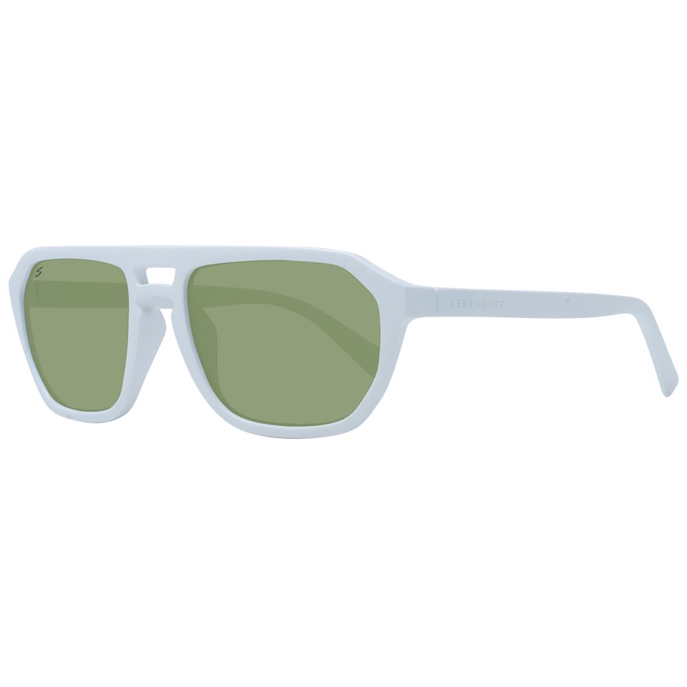 Sunglasses by Serengeti for men in eco-nylon white features an lustrous aviator full-rim frame design with white coloured frame detailing and photochromatic polarized lens for a lustrous aesthetic.