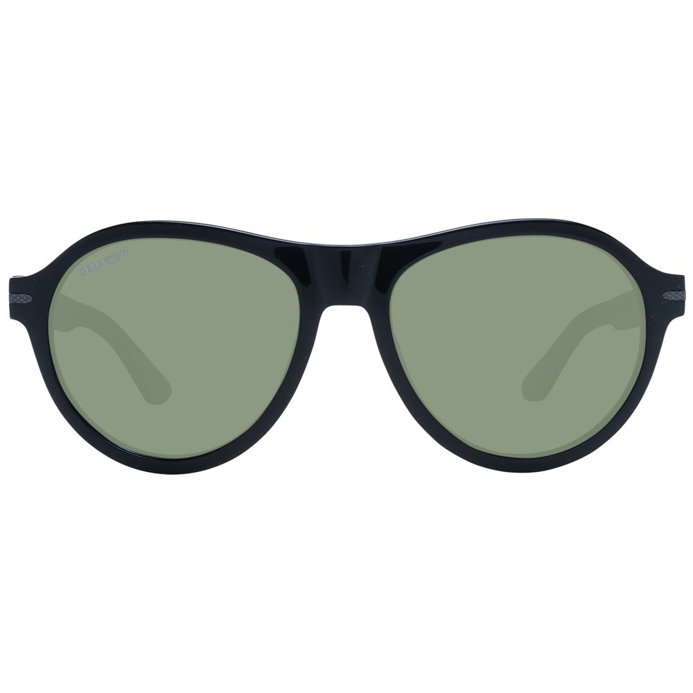 This Sunglasses by Serengeti for men in acetate black presents a sumptuous silhouette, showcasing a sumptuous full-rim round frame design in black coloured frame and high-performance photochromatic polarized category-3-dark-tint lens.