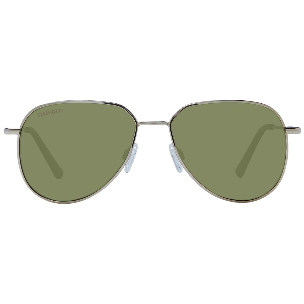 This Sunglasses by Serengeti for unisex in metal gold presents a sumptuous silhouette, showcasing a sumptuous full-rim round frame design in gold coloured frame and high-performance photochromatic polarized category-3-dark-tint lens.