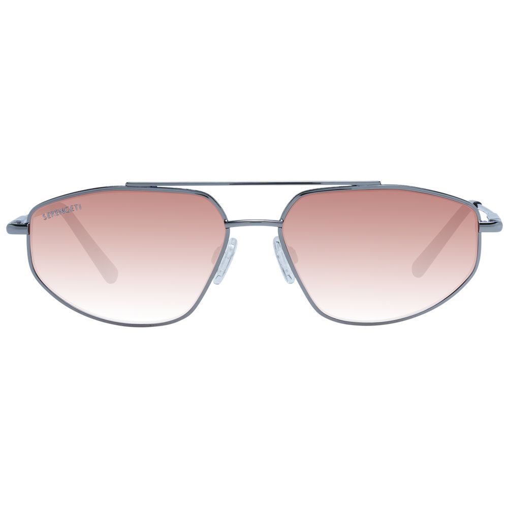Sunglasses by Serengeti for men in metal gray features an lustrous aviator full-rim frame design with gunmetal coloured frame detailing and photochromatic polarized lens for a lustrous aesthetic.