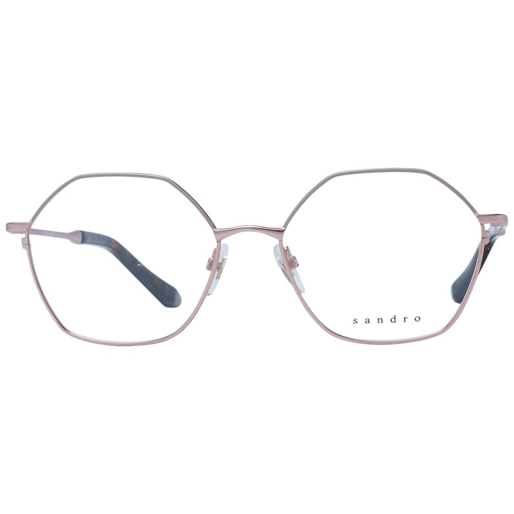 Eyeglasses Frames by Sandro for women in stainless steel rose-gold showcases a reflective silhouette, artfully incorporating a sophisticated rose-gold coloured frame with a distinct full-frame frame design.
