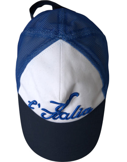 Baseball Cap by Dolce & Gabbana for women in polyester & mesh black, blue, multicolor & white presents a statuesque silhouette, artfully capturing the essence of the statuesque Polyester & Mesh Baseball Cap design for a sophisticated look.