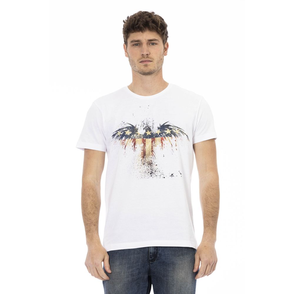 T-Shirt by Trussardi Action for men in viscose cotton canvas white & print showcases a chic silhouette, artfully detailed with a chic and short-sleeve for a chic finish.