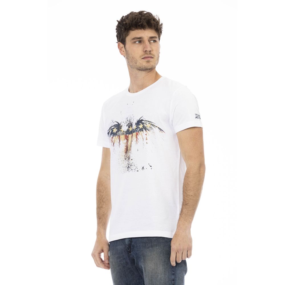 T-Shirt by Trussardi Action for men in viscose cotton canvas white & print showcases a dramatic silhouette, elegantly detailed with a dramatic and for a truly dramatic finish.