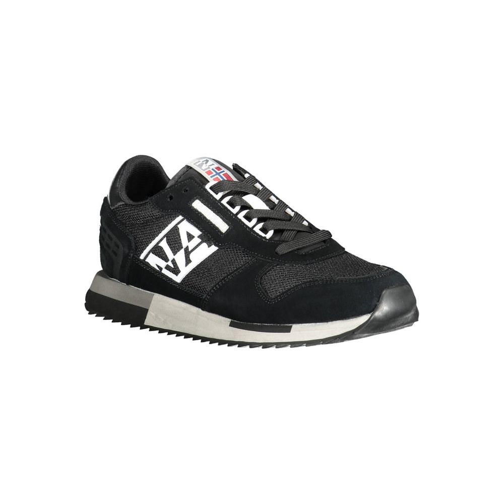 Athletic Sneakers by Napapijri for men in polyester polyethylene leather black features an architectural silhouette, showcasing the premium low-top style of the Men's Low Top Polyester Polyethylene Leather Athletic Sneakers with an architectural finish.