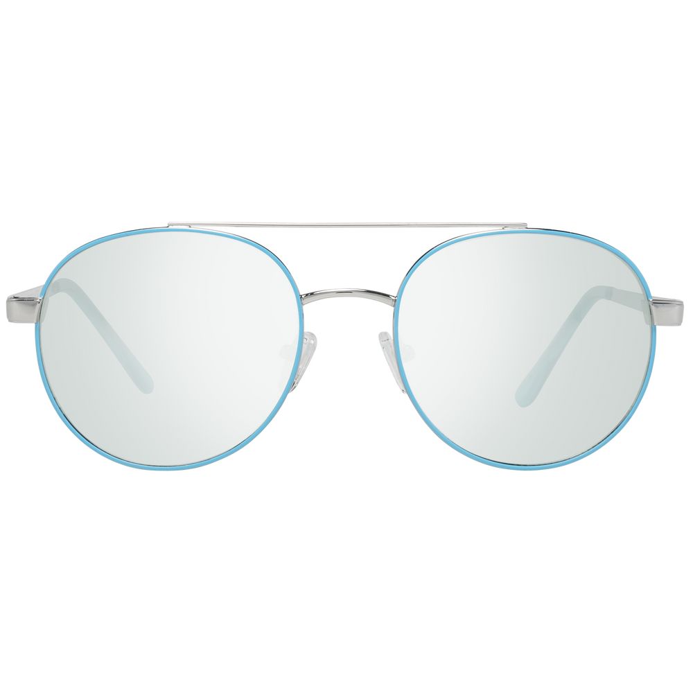 This Sunglasses by Guess for women in turquoise presents a sumptuous silhouette, showcasing a sumptuous aviator full-rim frame design in turquoise coloured frame and high-performance mirrored category-1-light-tint lens.