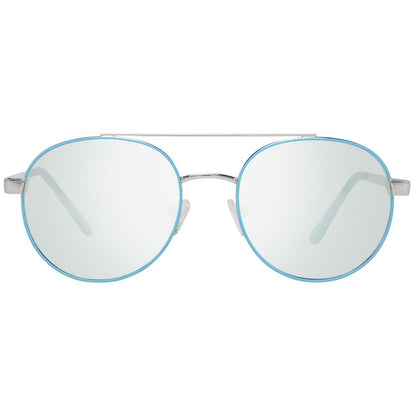 This Sunglasses by Guess for women in turquoise presents a sumptuous silhouette, showcasing a sumptuous aviator full-rim frame design in turquoise coloured frame and high-performance mirrored category-1-light-tint lens.