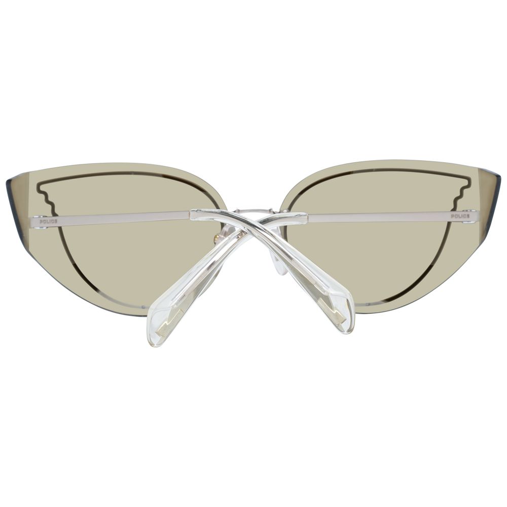 Sunglasses by Police for women in gold features an lustrous cat-eye frame design with gold coloured frame detailing and mirrored category-3-dark-tint lens for a lustrous aesthetic.