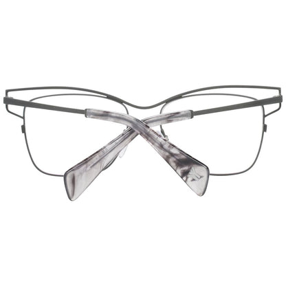 Eyeglasses Frames by Yohji Yamamoto for women in gray showcases a reflective silhouette, artfully incorporating a sophisticated gunmetal coloured frame with a distinct full-frame frame design.