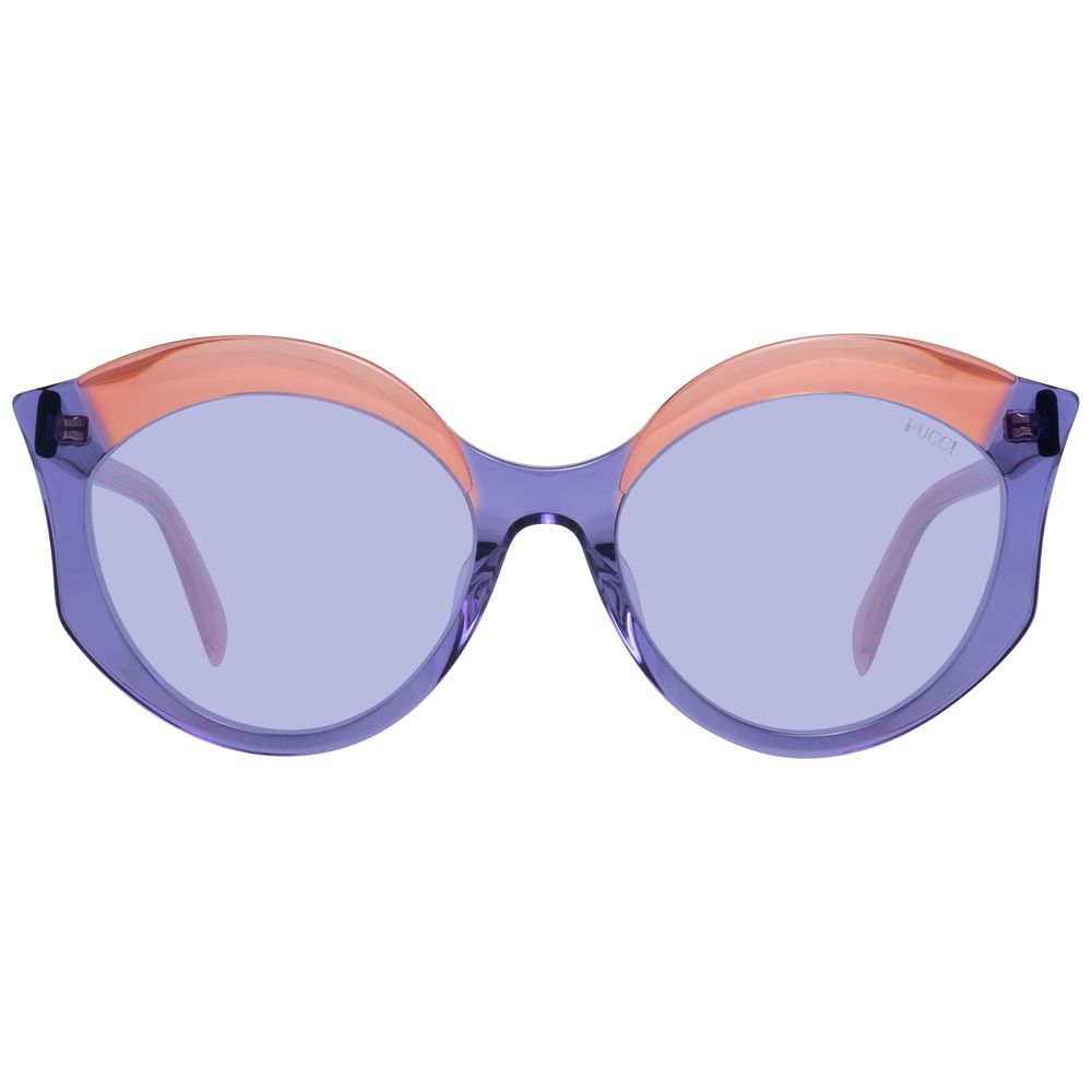 Sunglasses by Emilio Pucci for women in purple features an lustrous butterfly full-rim frame design with purple coloured frame detailing and non-polarized category-1-light-tint lens for a lustrous aesthetic.